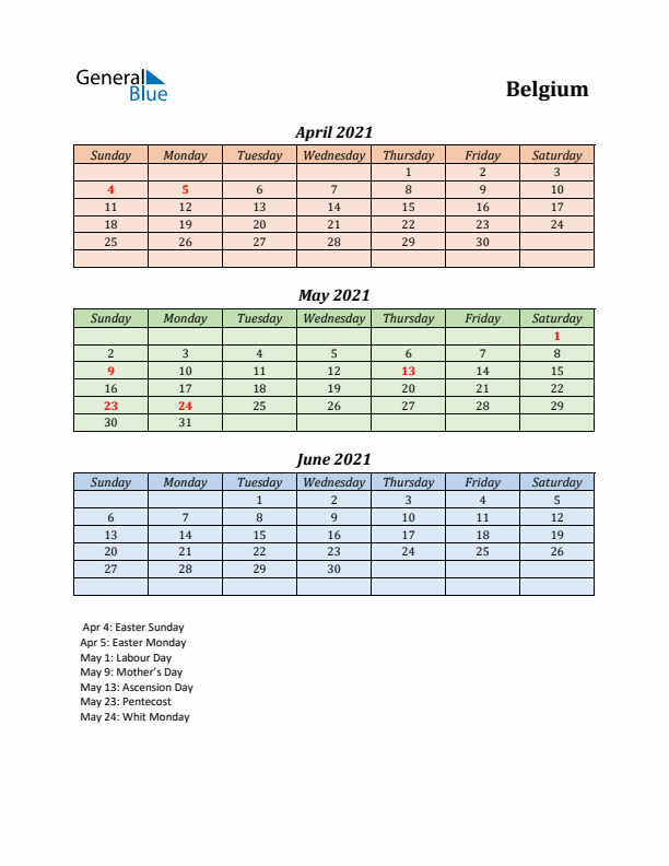 Q2 2021 Holiday Calendar - Belgium