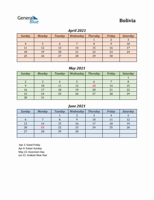 Q2 2021 Holiday Calendar - Bolivia