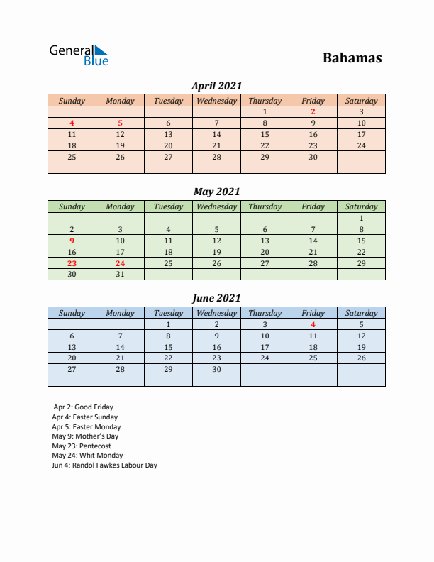 Q2 2021 Holiday Calendar - Bahamas