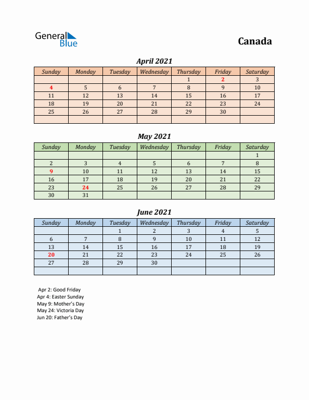 Q2 2021 Holiday Calendar - Canada