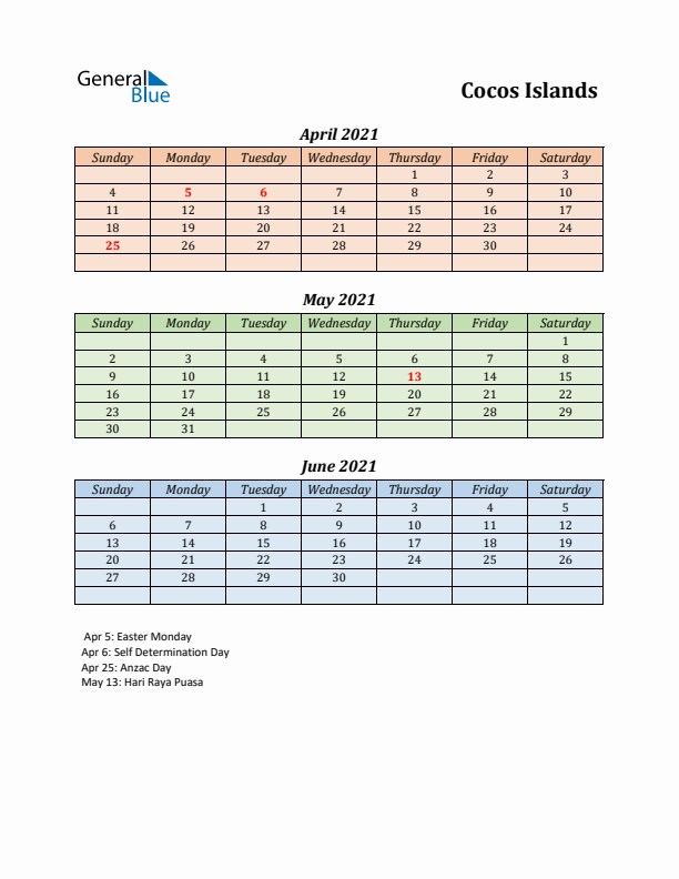 Q2 2021 Holiday Calendar - Cocos Islands