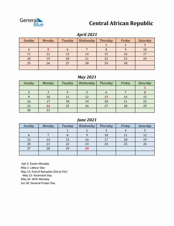 Q2 2021 Holiday Calendar - Central African Republic