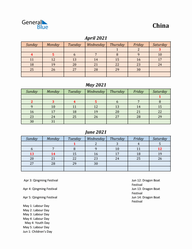 Q2 2021 Holiday Calendar - China