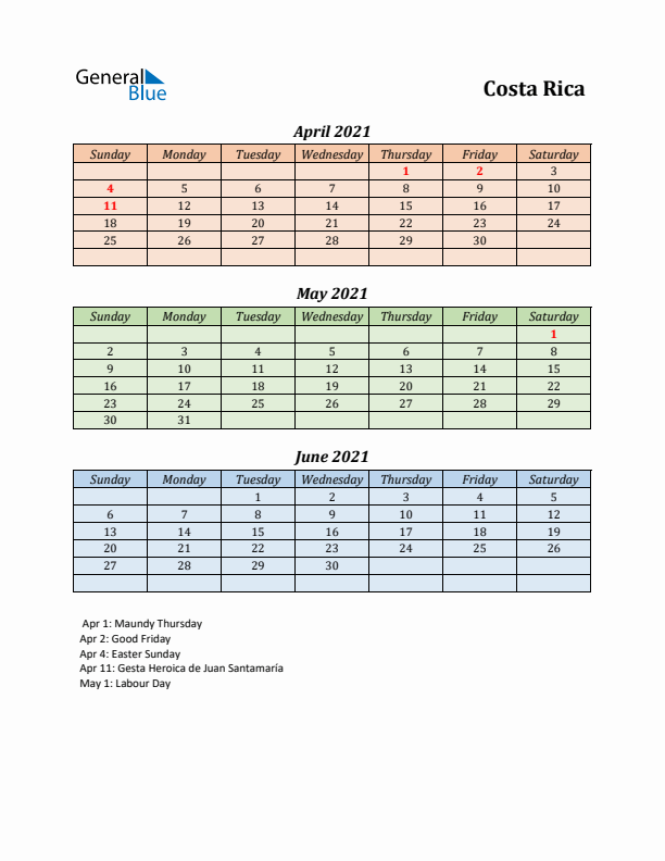 Q2 2021 Holiday Calendar - Costa Rica