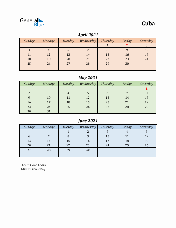 Q2 2021 Holiday Calendar - Cuba