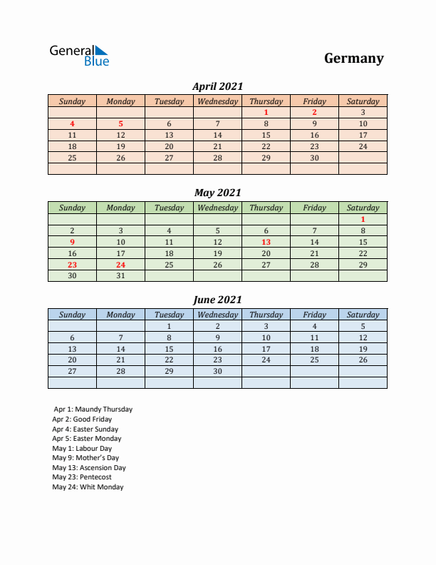 Q2 2021 Holiday Calendar - Germany