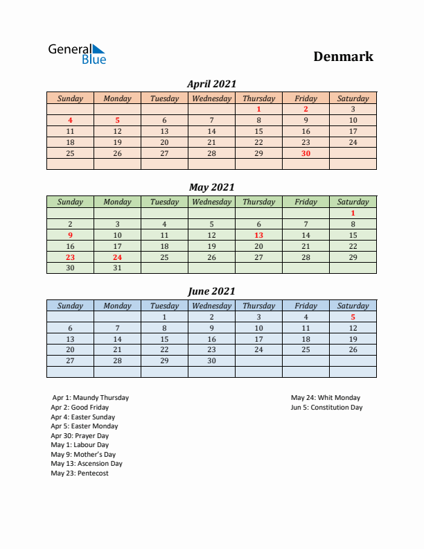 Q2 2021 Holiday Calendar - Denmark