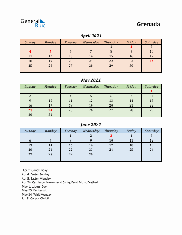 Q2 2021 Holiday Calendar - Grenada