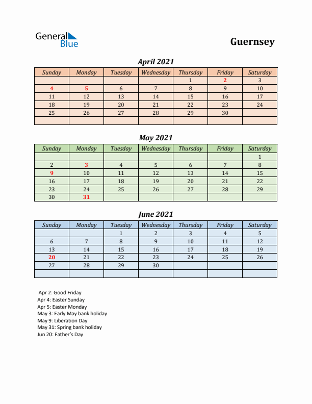 Q2 2021 Holiday Calendar - Guernsey