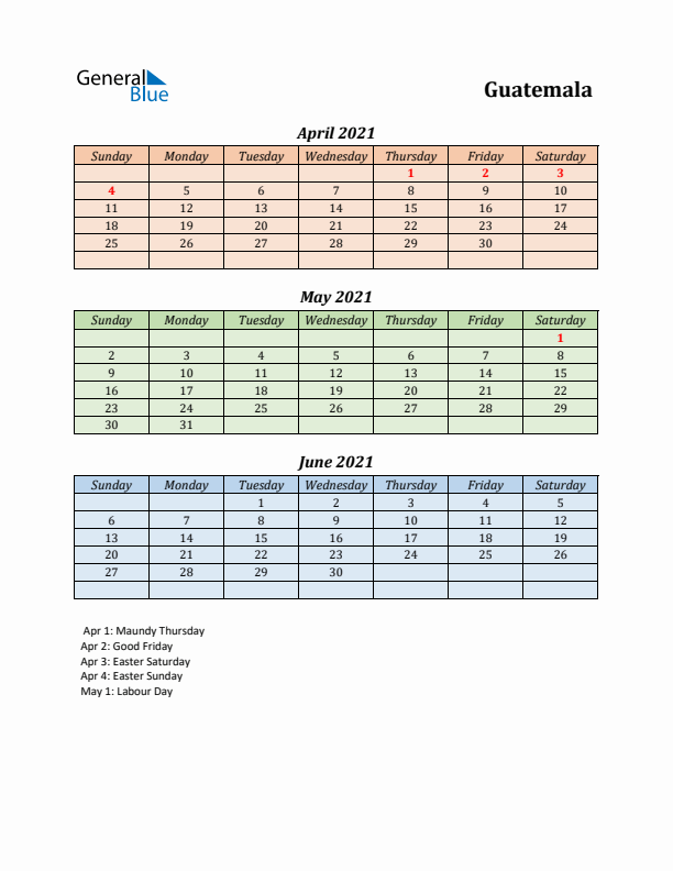 Q2 2021 Holiday Calendar - Guatemala