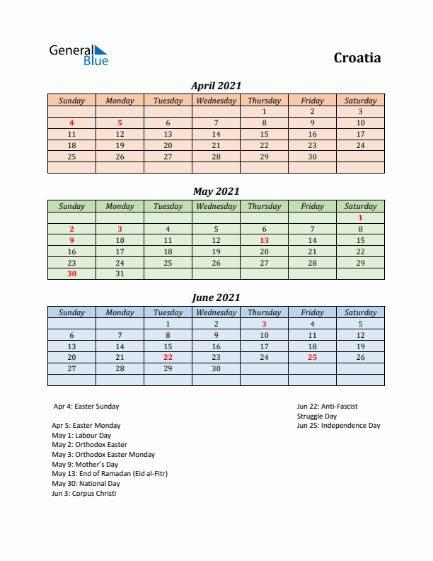 Q2 2021 Holiday Calendar - Croatia