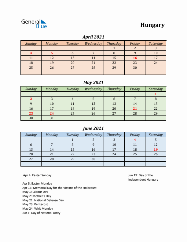 Q2 2021 Holiday Calendar - Hungary