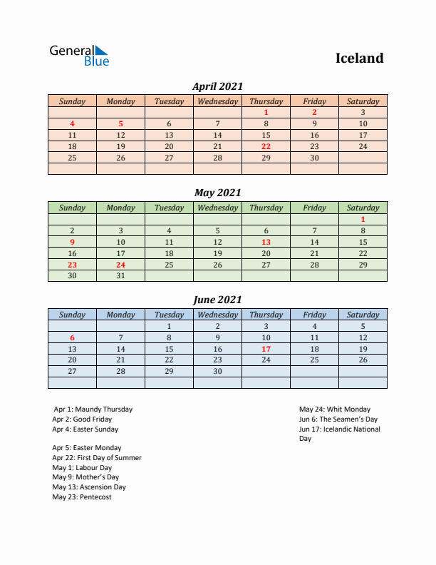 Q2 2021 Holiday Calendar - Iceland