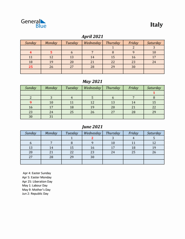 Q2 2021 Holiday Calendar - Italy