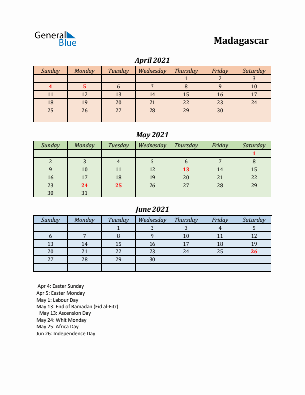 Q2 2021 Holiday Calendar - Madagascar