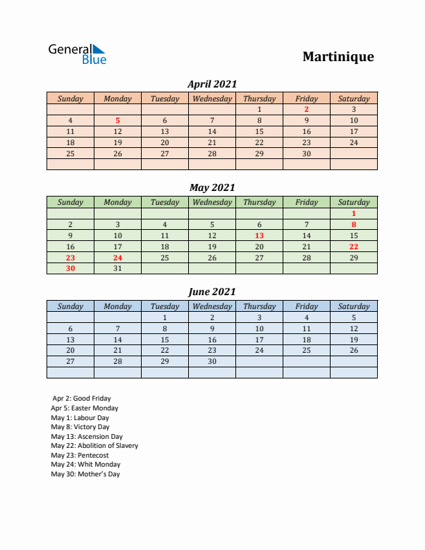 Q2 2021 Holiday Calendar - Martinique