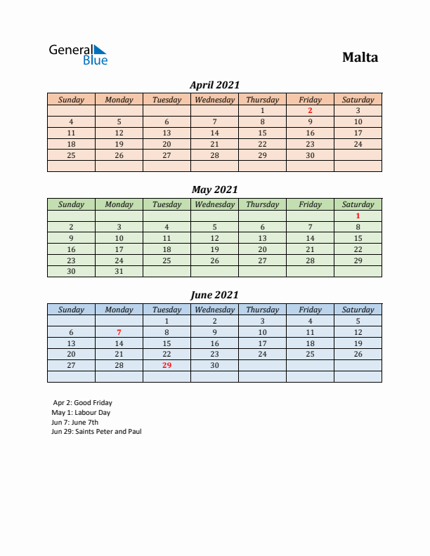 Q2 2021 Holiday Calendar - Malta