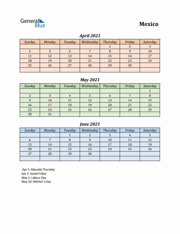 Q2 2021 Holiday Calendar - Mexico