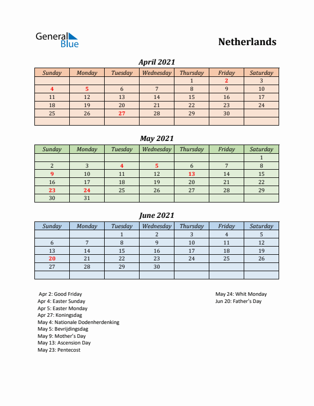 Q2 2021 Holiday Calendar - The Netherlands