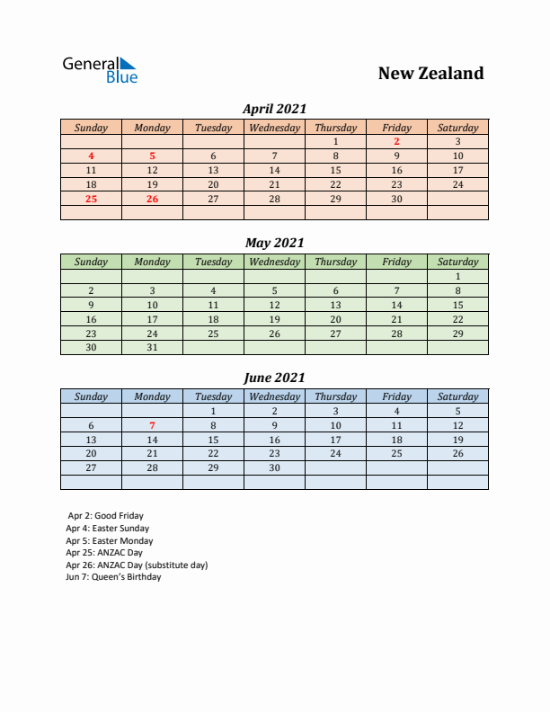 Q2 2021 Holiday Calendar - New Zealand