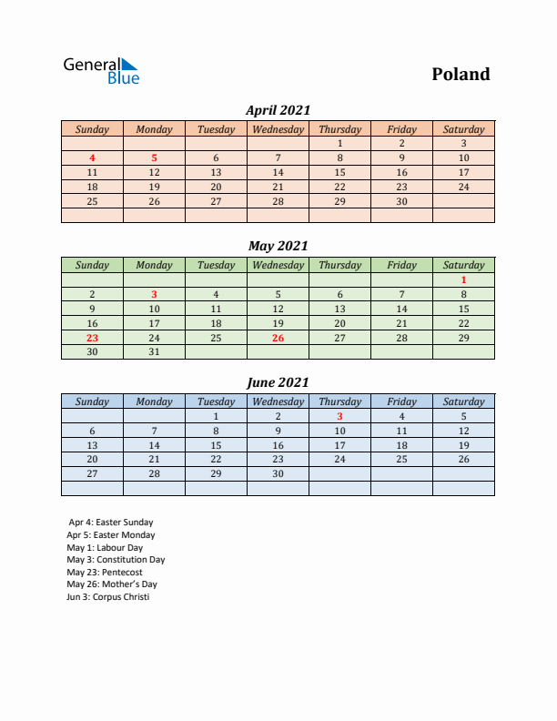 Q2 2021 Holiday Calendar - Poland