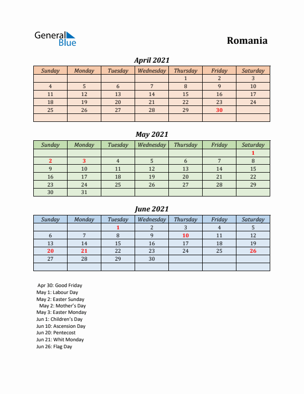 Q2 2021 Holiday Calendar - Romania