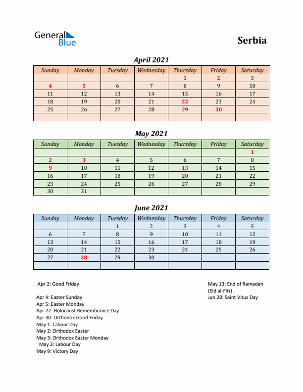 Q2 2021 Holiday Calendar - Serbia