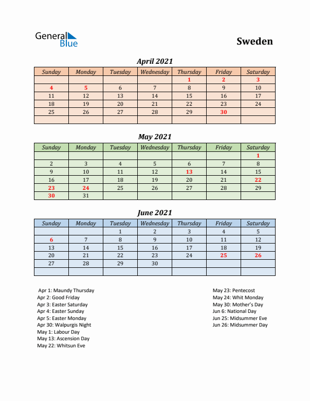 Q2 2021 Holiday Calendar - Sweden