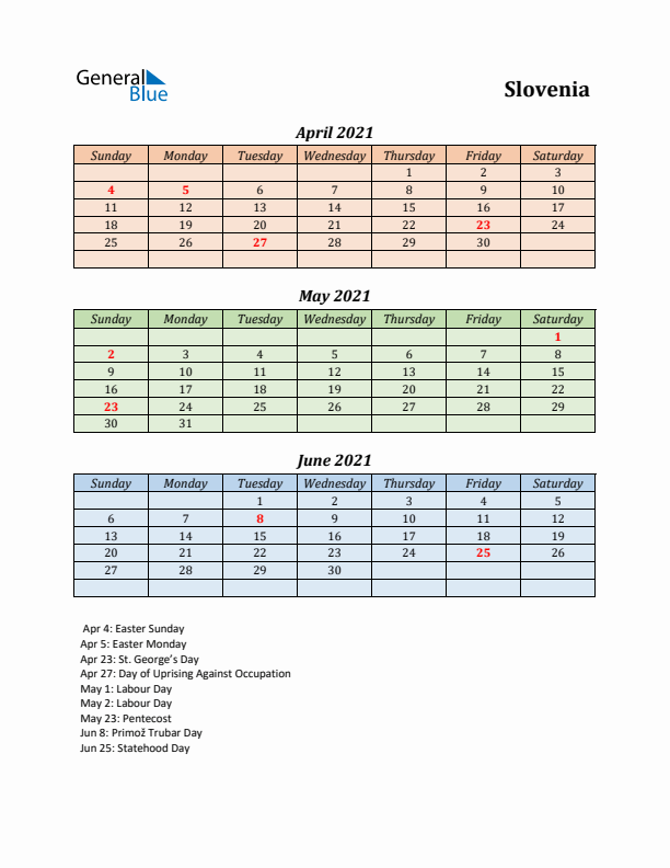 Q2 2021 Holiday Calendar - Slovenia