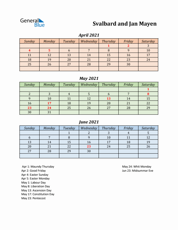 Q2 2021 Holiday Calendar - Svalbard and Jan Mayen