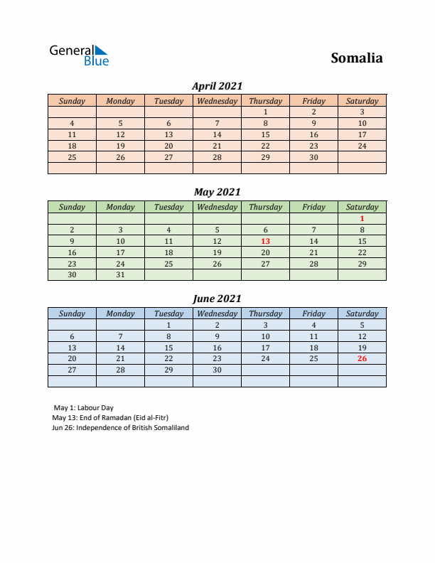 Q2 2021 Holiday Calendar - Somalia