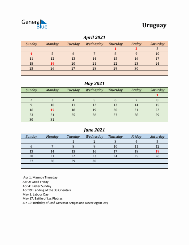 Q2 2021 Holiday Calendar - Uruguay