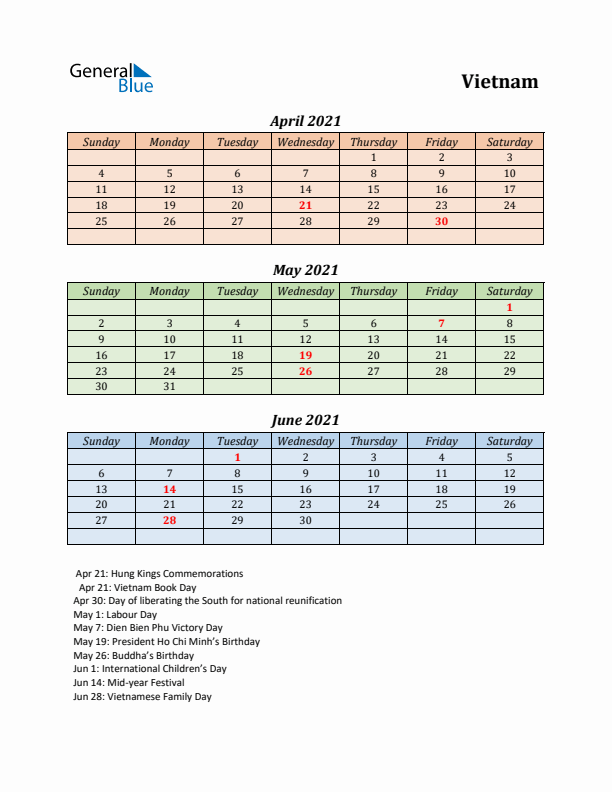 Q2 2021 Holiday Calendar - Vietnam