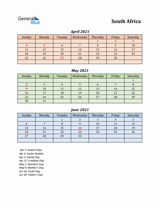 Q2 2021 Holiday Calendar - South Africa