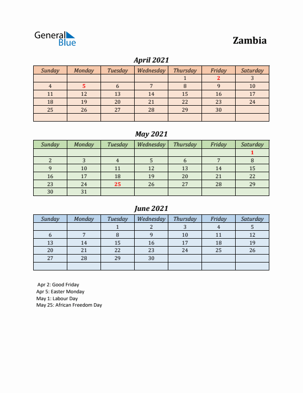 Q2 2021 Holiday Calendar - Zambia