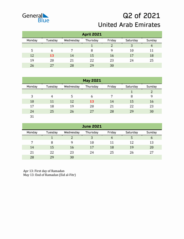 Quarterly Calendar 2021 with United Arab Emirates Holidays