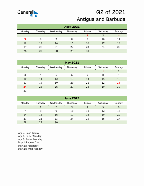 Quarterly Calendar 2021 with Antigua and Barbuda Holidays