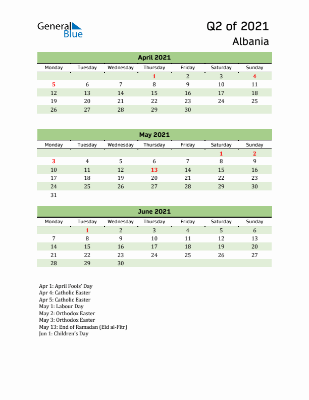 Quarterly Calendar 2021 with Albania Holidays