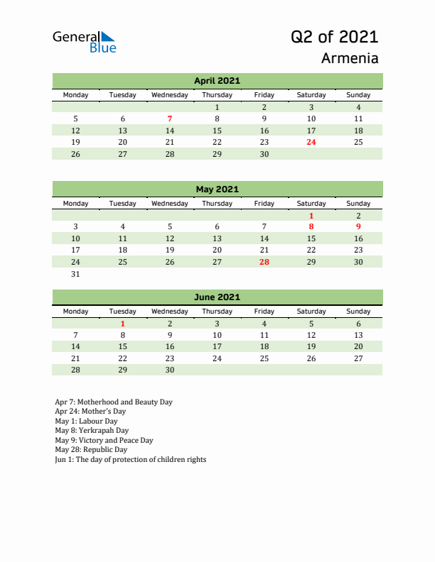 Quarterly Calendar 2021 with Armenia Holidays