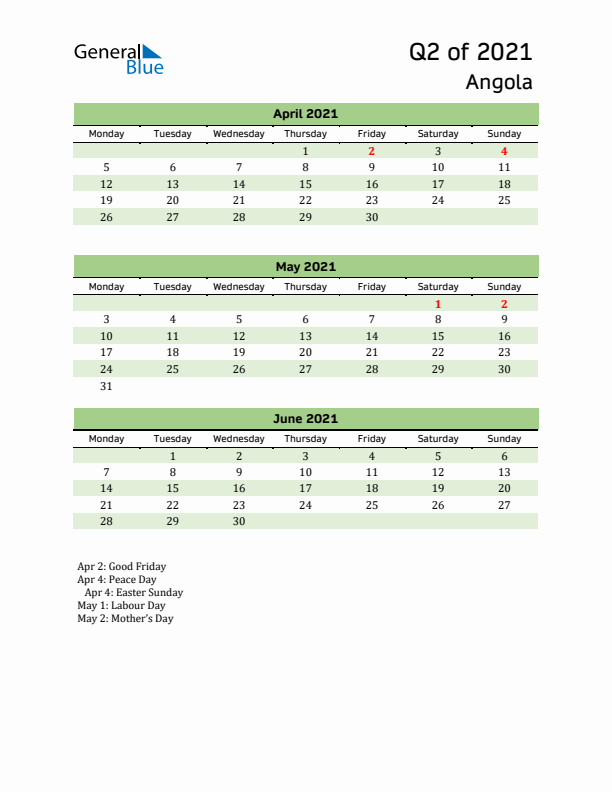 Quarterly Calendar 2021 with Angola Holidays