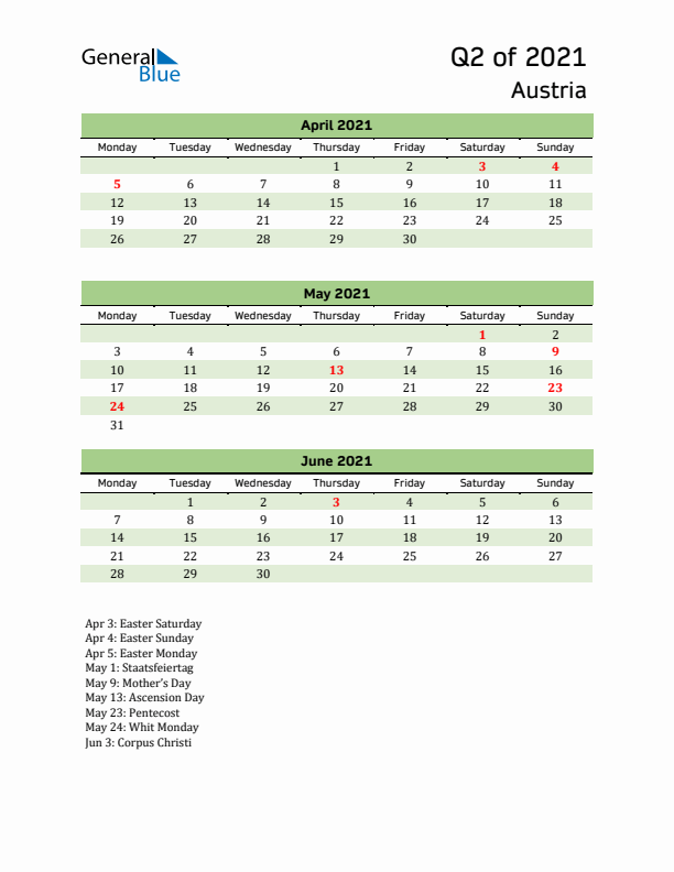 Quarterly Calendar 2021 with Austria Holidays