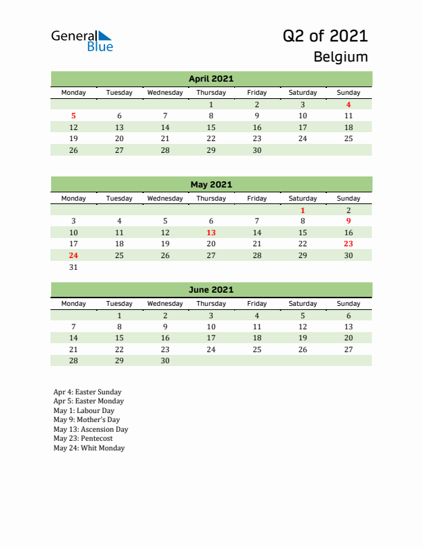 Quarterly Calendar 2021 with Belgium Holidays