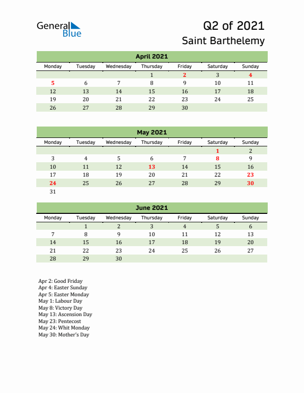 Quarterly Calendar 2021 with Saint Barthelemy Holidays