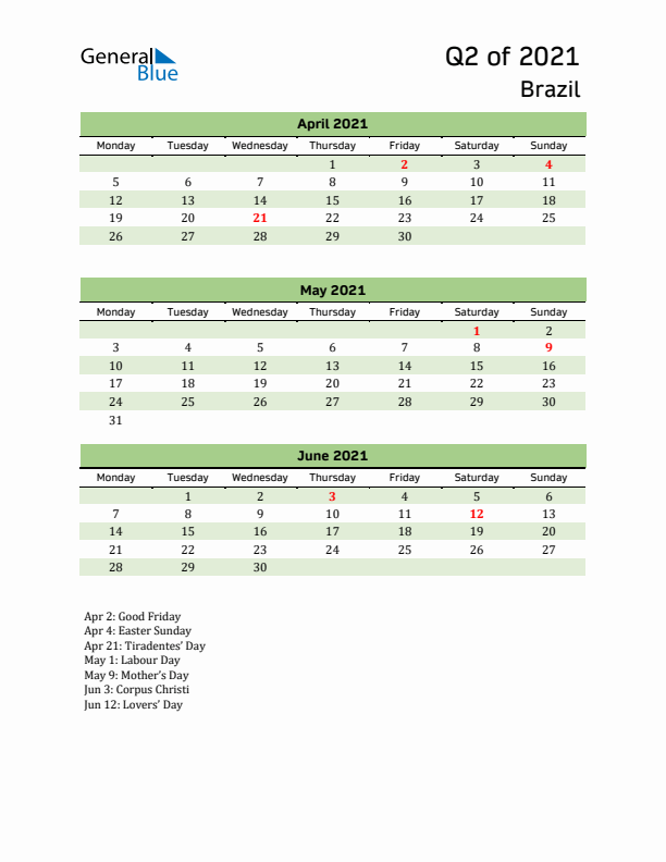 Quarterly Calendar 2021 with Brazil Holidays