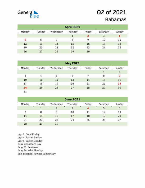 Quarterly Calendar 2021 with Bahamas Holidays