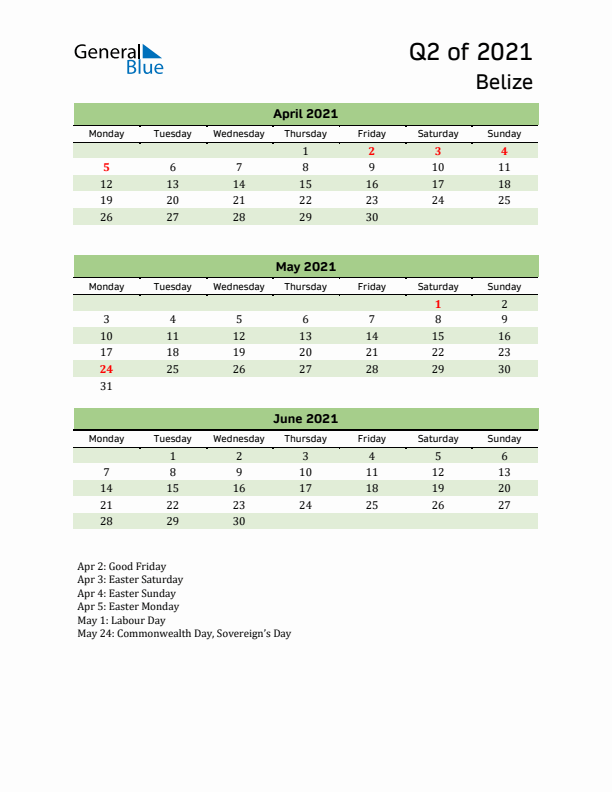 Quarterly Calendar 2021 with Belize Holidays