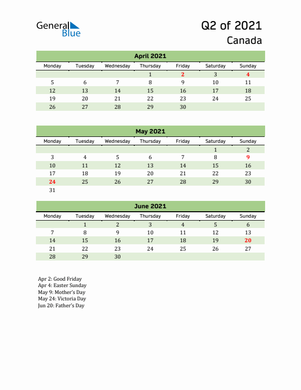 Quarterly Calendar 2021 with Canada Holidays