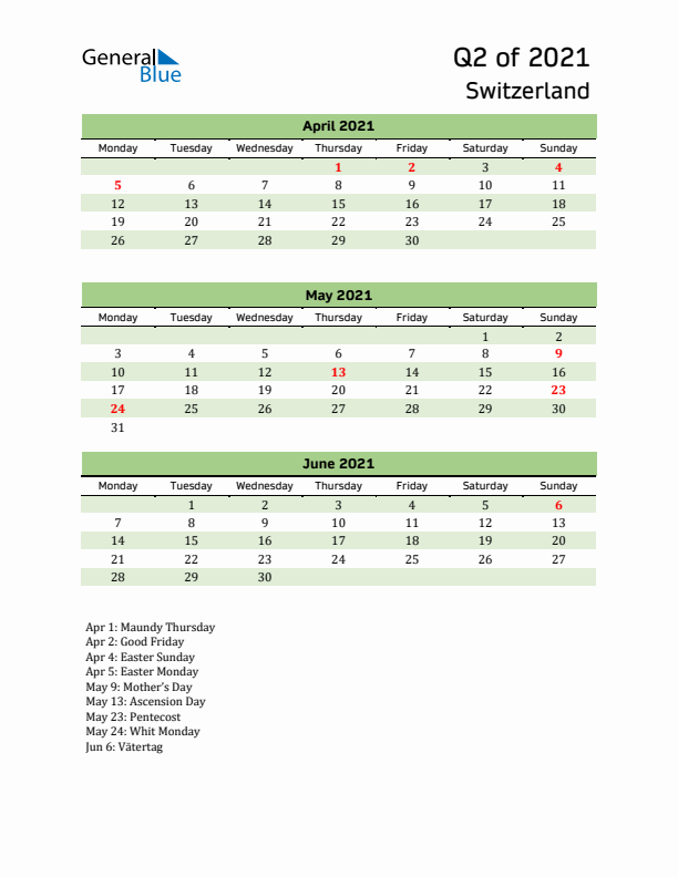 Quarterly Calendar 2021 with Switzerland Holidays