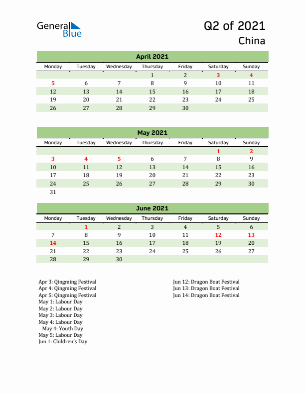 Quarterly Calendar 2021 with China Holidays