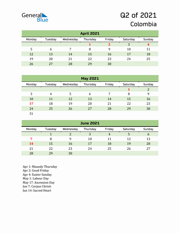 Quarterly Calendar 2021 with Colombia Holidays